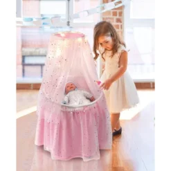 Badger Basket Sweet Dreams Round Doll Bassinet With Canopy And LED Lights - Pink/White/Stars
