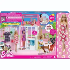 Barbie Dollhouse With Doll, 2 Levels & 4 Play Areas, Fully Furnished,