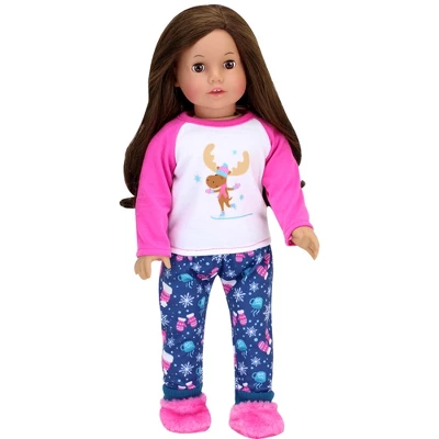 Sophia’s Moose Print Winter Pajamas & Fuzzy Slipper Set For 18” Dolls, Blue/Pink 1 Sophia’s Moose Print Winter Pajamas & Fuzzy Slipper Set For 18” Dolls, Blue/Pink