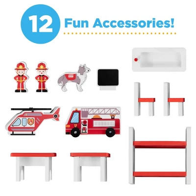 Best Choice Products 32in Kids 3-Story Pretend Wooden Fire Station Play Set Toy, W/ 2 Vehicles, 12 Accessories, 5 Rooms 2 Best Choice Products 32in Kids 3-Story Pretend Wooden Fire Station Play Set Toy, W/ 2 Vehicles, 12 Accessories, 5 Rooms - Image 2