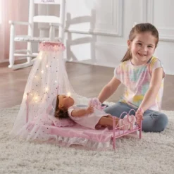 Starlights LED Canopy Metal Doll Bed With Bedding - Pink