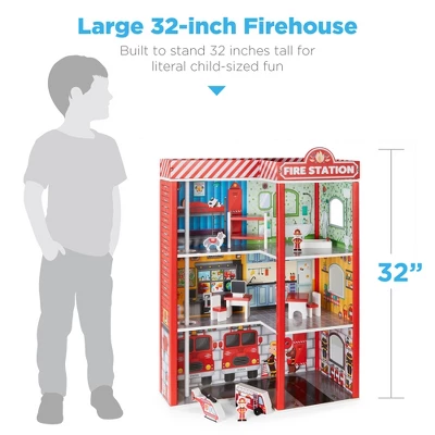 Best Choice Products 32in Kids 3-Story Pretend Wooden Fire Station Play Set Toy, W/ 2 Vehicles, 12 Accessories, 5 Rooms 4 Best Choice Products 32in Kids 3-Story Pretend Wooden Fire Station Play Set Toy, W/ 2 Vehicles, 12 Accessories, 5 Rooms - Image 4