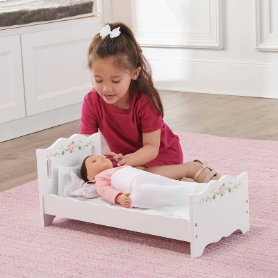 Badger Basket Doll Bed With Bedding And Free Personalization Kit - White Rose 1 Badger Basket Doll Bed With Bedding And Free Personalization Kit - White Rose