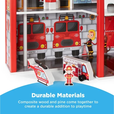 Best Choice Products 32in Kids 3-Story Pretend Wooden Fire Station Play Set Toy, W/ 2 Vehicles, 12 Accessories, 5 Rooms 3 Best Choice Products 32in Kids 3-Story Pretend Wooden Fire Station Play Set Toy, W/ 2 Vehicles, 12 Accessories, 5 Rooms - Image 3